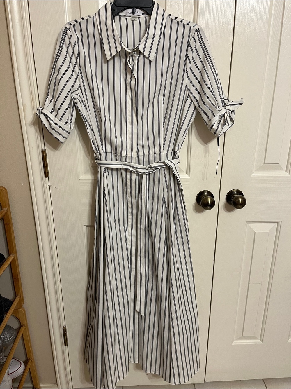 Calvin Klein White and Navy Vertical-Striped Midi Shirt Dress